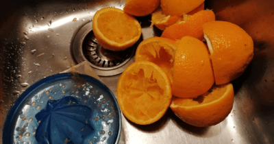 Man sieht ausgepresste Orangenschalen und eine Hand-Zitruspresse in einem Chromstahl-Wachsbecken.