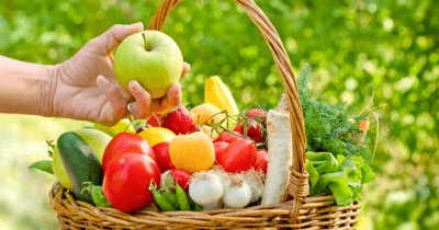 Man sieht einen Korb voller frischer Gemüse und Früchte draussen im Grünen stehen. Jemand hält einen grünen Apfel in der Hand. Gesund und erfolgreich abnehmen mit Detox ist so möglich.