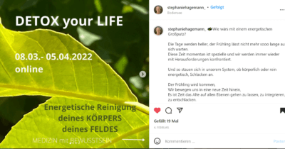 Man sieht die Ausschreibung von Stephanie Hagemann auf Instagram für Detox your Life.