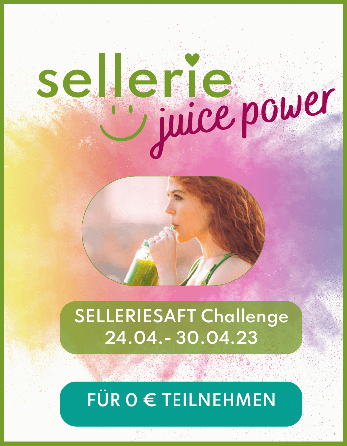 Man sieht eine Frau, die selleriesaft trinkt. Oben steht sellerie juice power, unten Selleriesaft Challenge 24.4.-30.4.23 - Jetzt Teilnehmen. Es sind viele bunte Farben rundherum.